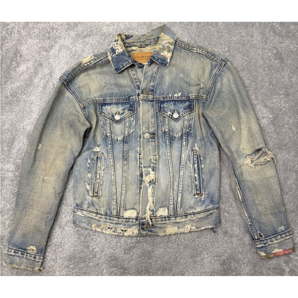 Denim & Supply Ralph Lauren Jacket Womens XS Blue Trucker Distressed Floral